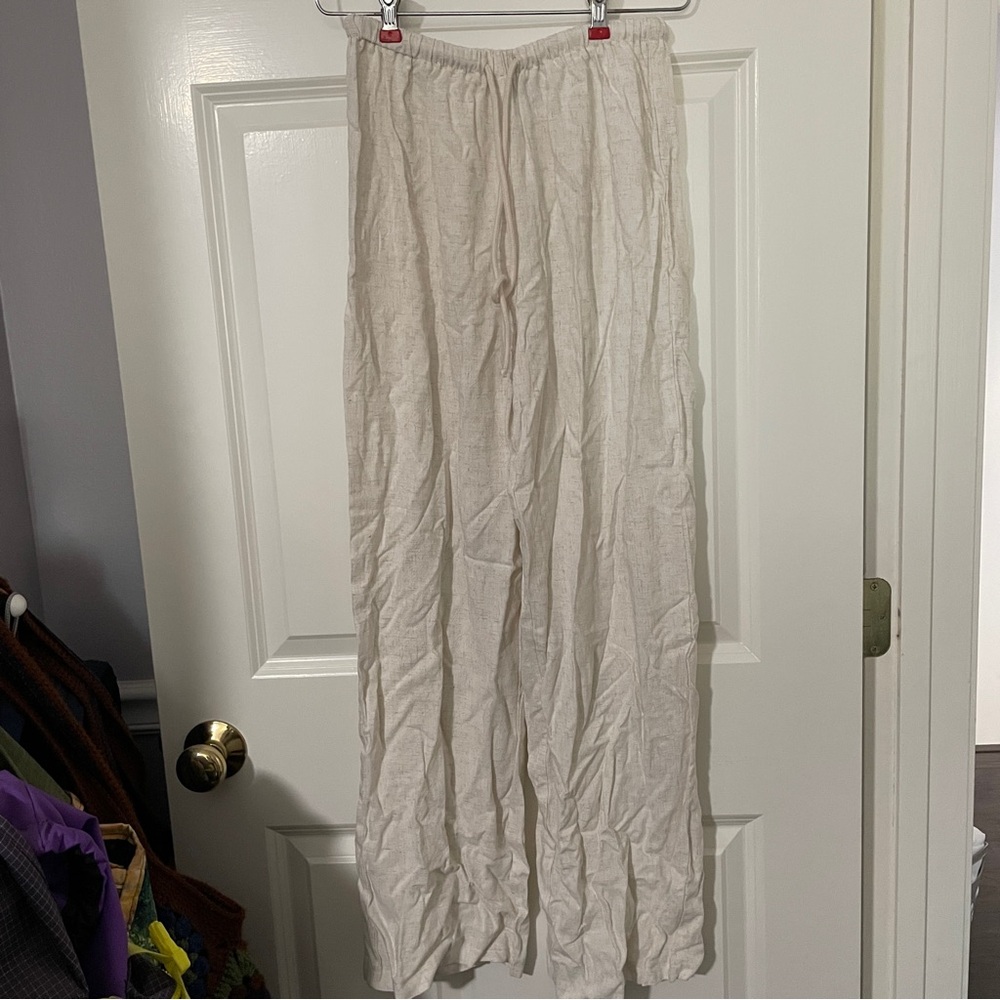 Cream Wide-Leg Linen Pants